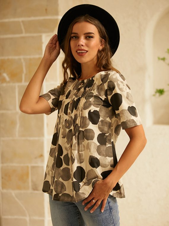 Coffee Crew Neck Casual Buttons Short Sleeve Polka Dot T-shirt - Image 5