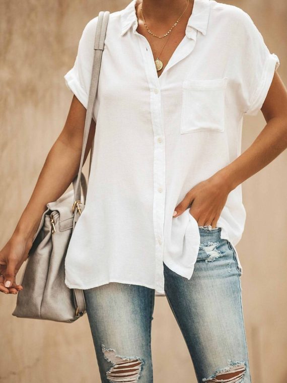Casual Short Sleeve Collared Tops Solid Color Shirts With Pocket