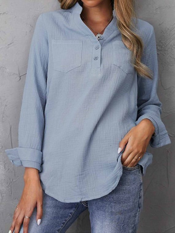 Casual Tops Long Sleeve V-neck Shirts With Pockets - Image 7