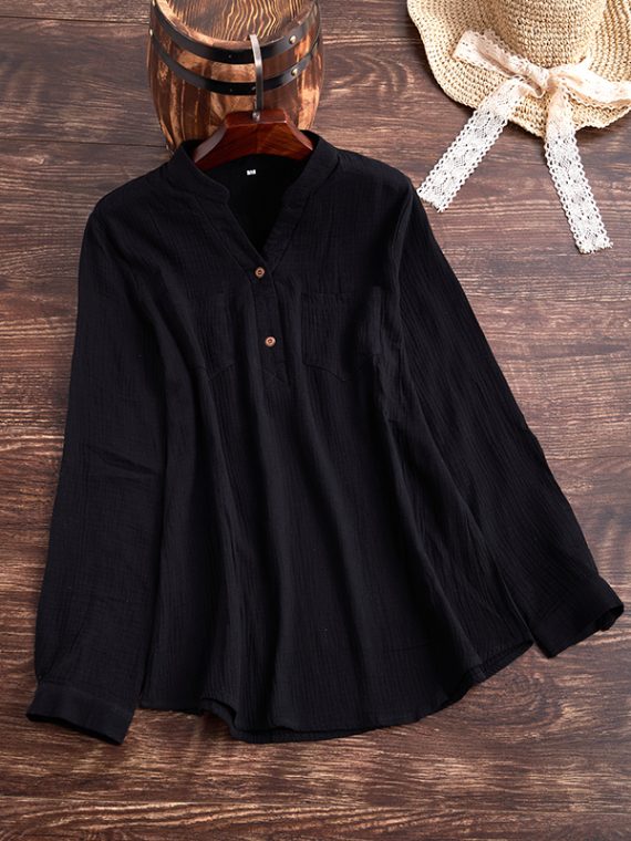 Casual Tops Long Sleeve V-neck Shirts With Pockets - Image 4