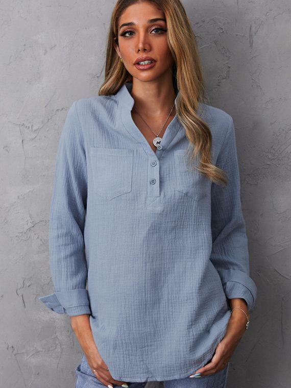 Casual Tops Long Sleeve V-neck Shirts With Pockets - Image 6