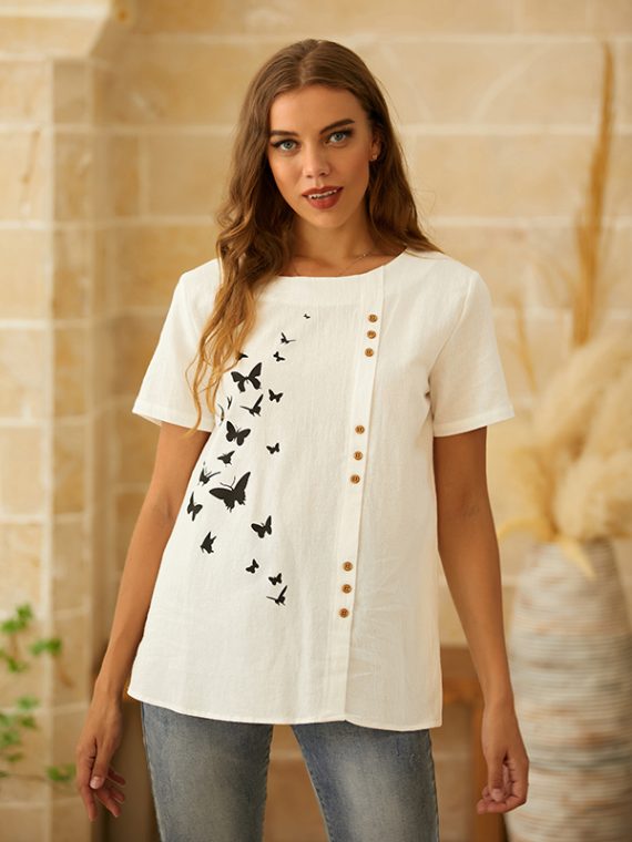 Cute O-neck Casual Short Sleeve Butterfly Printed T-shirt - Image 3