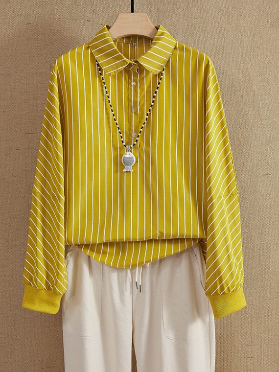 Casual Tops Long Sleeve Stripe Collared Shirts With Button - Image 4