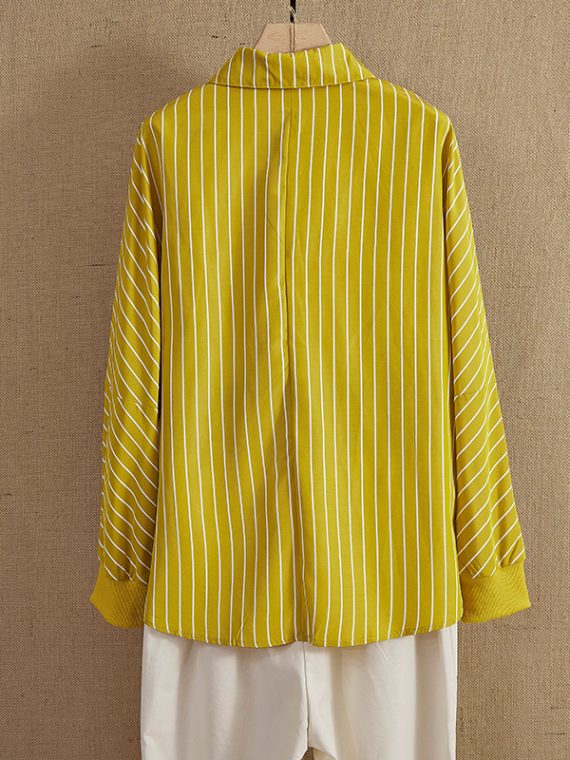 Casual Tops Long Sleeve Stripe Collared Shirts With Button - Image 5