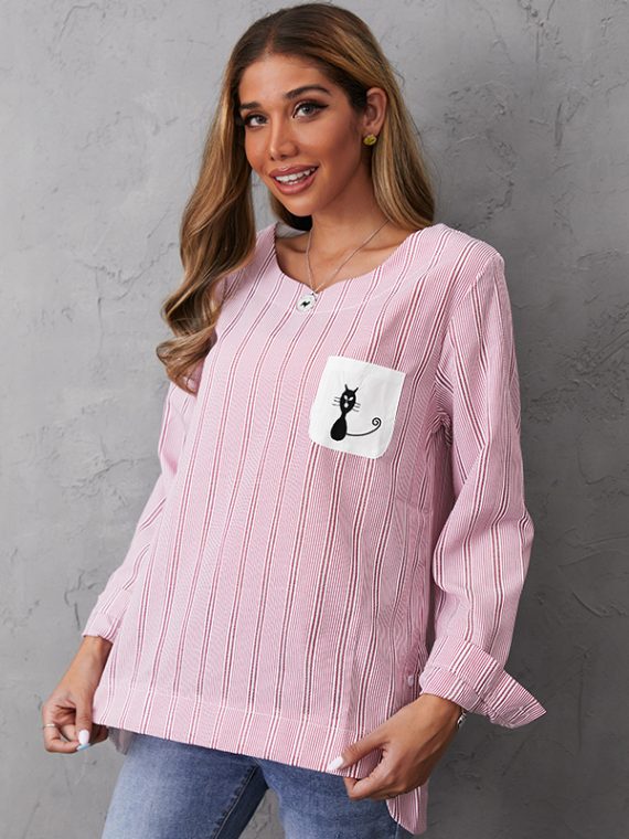 Blue O-neck Stripe with Pockets Casual Long Sleeve Shirts & Tops - Image 5