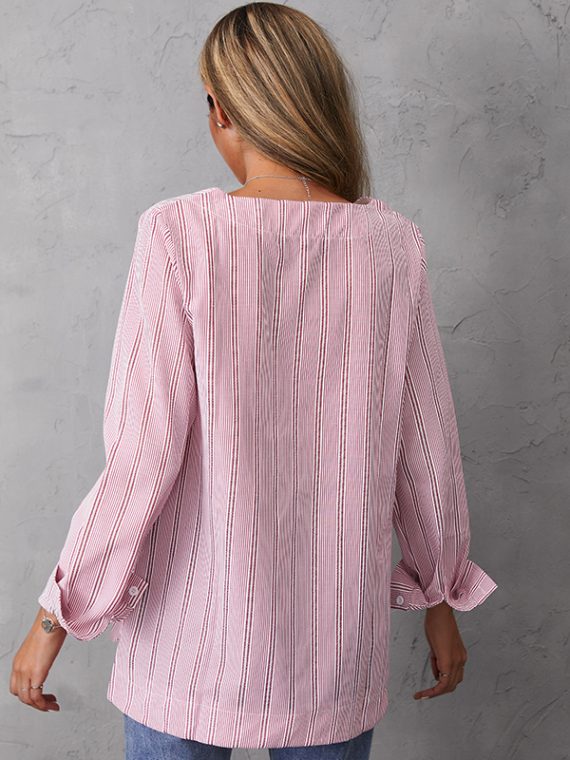 Blue O-neck Stripe with Pockets Casual Long Sleeve Shirts & Tops - Image 6