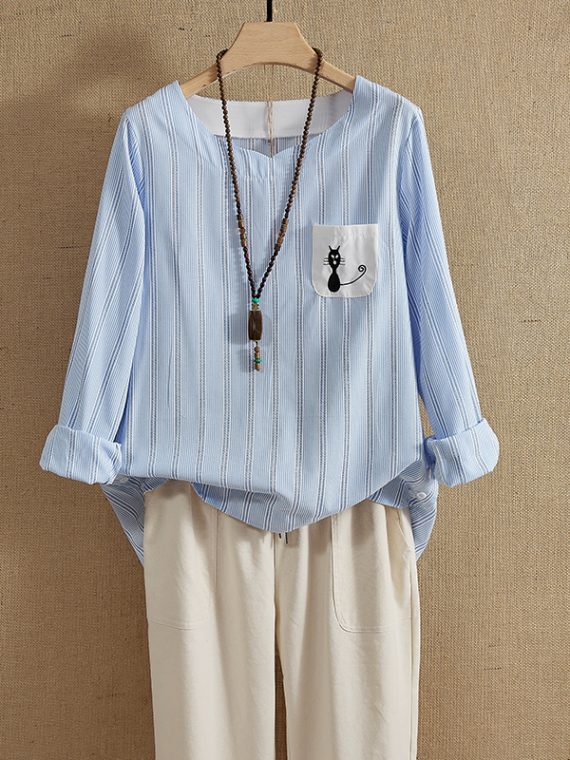 Blue O-neck Stripe with Pockets Casual Long Sleeve Shirts & Tops - Image 3