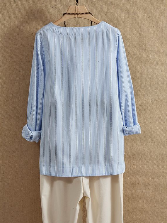 Blue O-neck Stripe with Pockets Casual Long Sleeve Shirts & Tops - Image 4