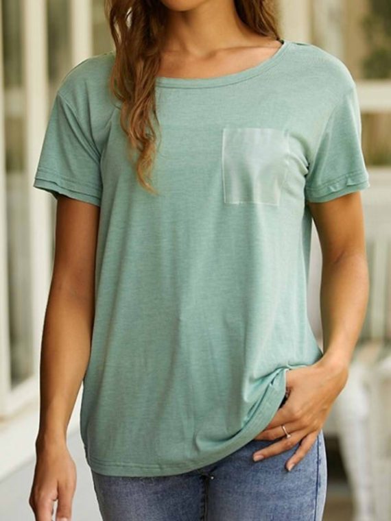 Army Green Round Neck Solid Casual Daily Short Sleeve T-shirt With Pocket