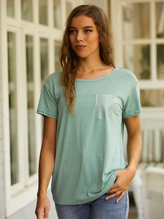 Army Green Round Neck Solid Casual Daily Short Sleeve T-shirt With Pocket - Image 2