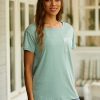 Army Green Round Neck Solid Casual Daily Short Sleeve T-shirt With Pocket - Image 4