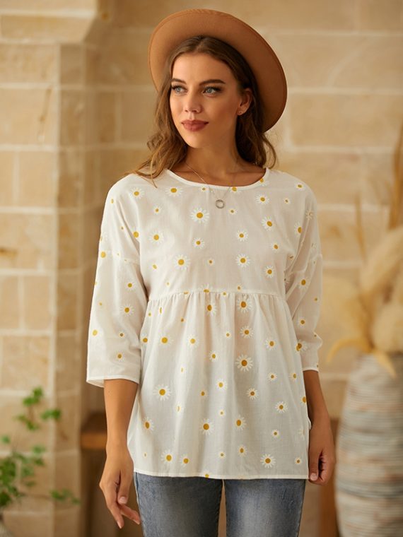 Blue Crew Neck Floral Print Casual Short Sleeve Shirts & Tops - Image 4