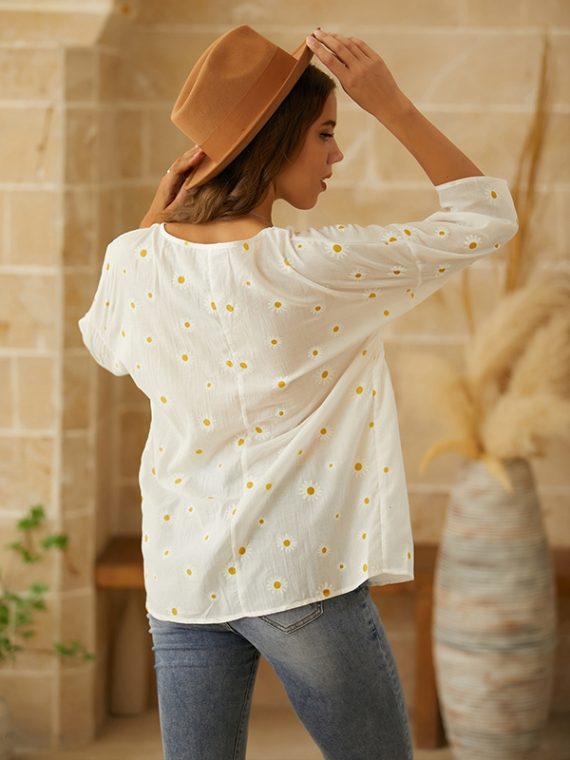Blue Crew Neck Floral Print Casual Short Sleeve Shirts & Tops - Image 5