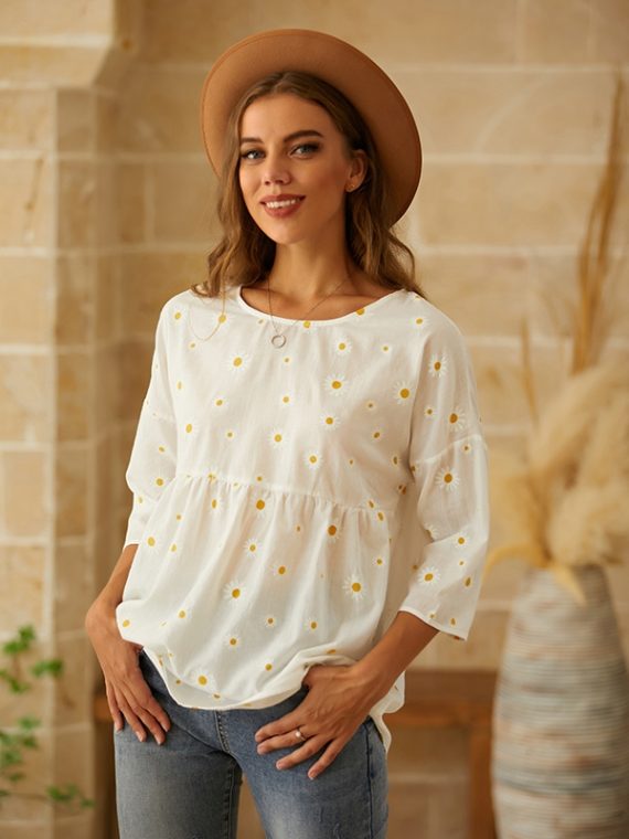 Blue Crew Neck Floral Print Casual Short Sleeve Shirts & Tops - Image 6