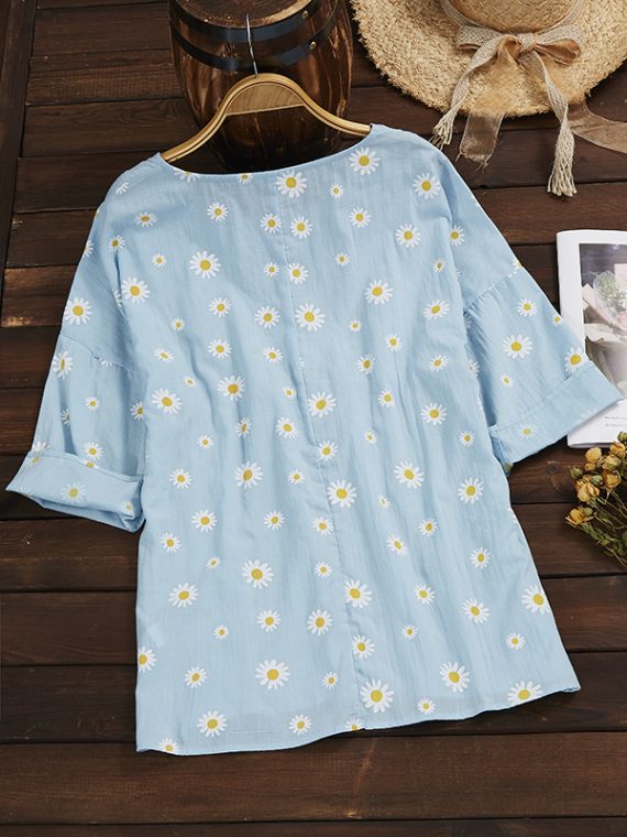 Blue Crew Neck Floral Print Casual Short Sleeve Shirts & Tops - Image 2