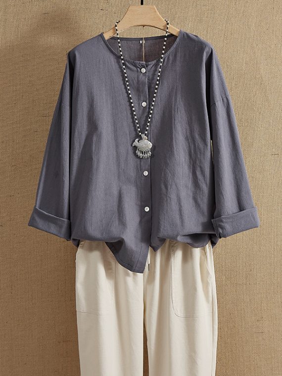 Deep Gray Round Neck Plain Buttons Casual Long Sleeve Blouse - Image 2