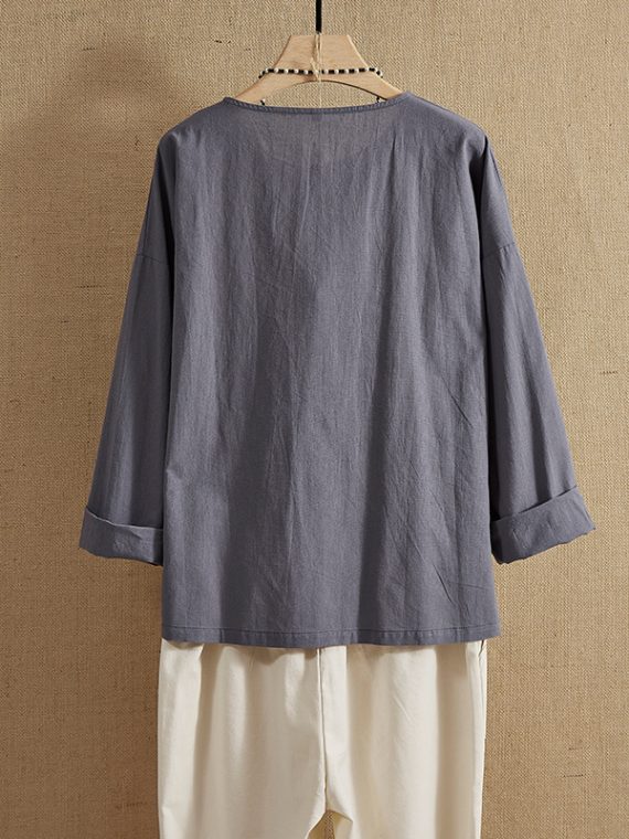 Deep Gray Round Neck Plain Buttons Casual Long Sleeve Blouse - Image 3