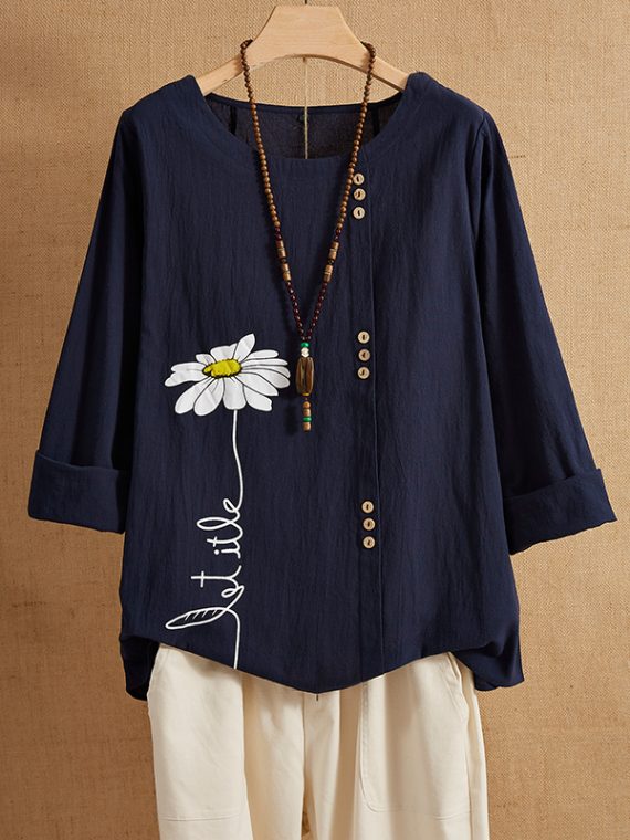 Casual O-neck Floral Print Buttons Casual Long Sleeve Shirts & Tops - Image 2