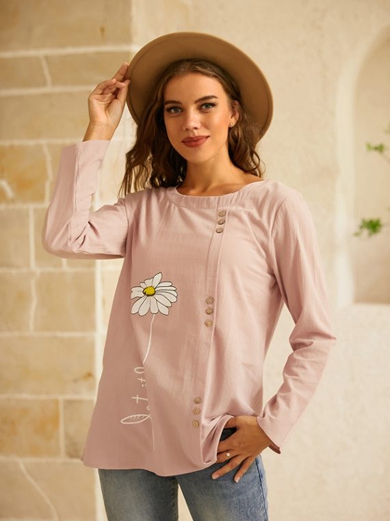 Casual O-neck Floral Print Buttons Casual Long Sleeve Shirts & Tops - Image 4