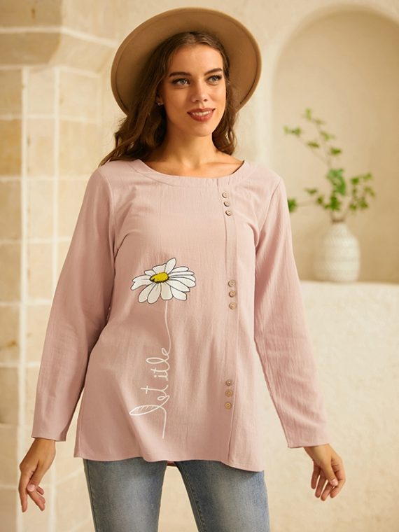 Casual O-neck Floral Print Buttons Casual Long Sleeve Shirts & Tops - Image 6