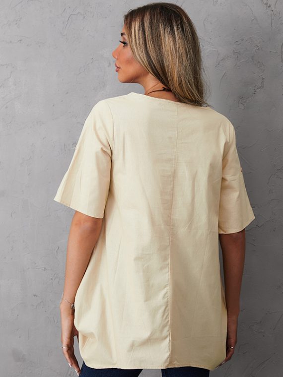 Brown Crew Neck Solid Casual Short Sleeve Blouse - Image 4
