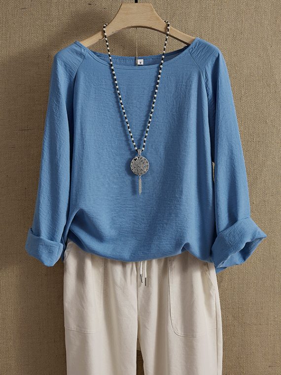 Blue Round Neck Solid Casual Daily Long Sleeve Blouse