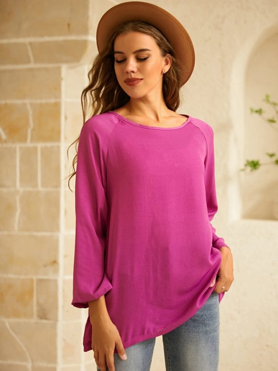 Blue Round Neck Solid Casual Daily Long Sleeve Blouse - Image 3