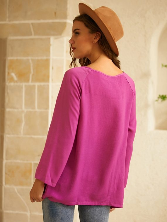 Blue Round Neck Solid Casual Daily Long Sleeve Blouse - Image 4