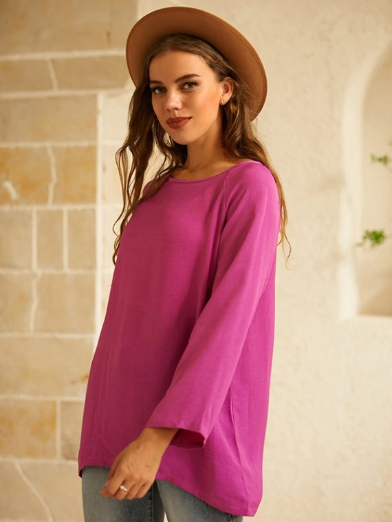 Blue Round Neck Solid Casual Daily Long Sleeve Blouse - Image 5