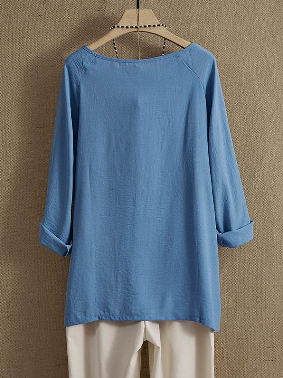 Blue Round Neck Solid Casual Daily Long Sleeve Blouse - Image 2