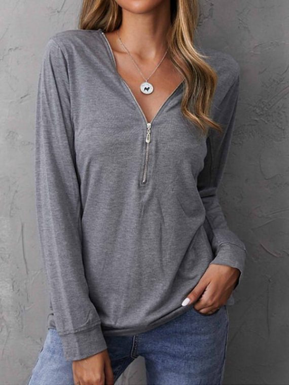 Casual Long Sleeve V-neck Solid Shirts With Zipper - Image 5