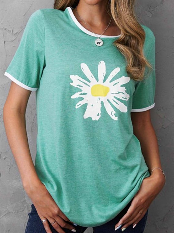 Crew Neck Floral Print Casual Short Sleeve Shirts & Tops