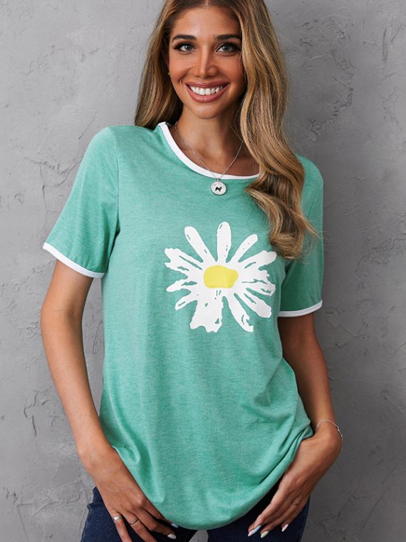 Crew Neck Floral Print Casual Short Sleeve Shirts & Tops - Image 2