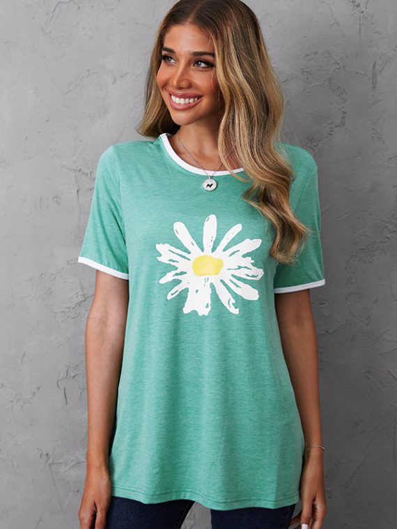 Crew Neck Floral Print Casual Short Sleeve Shirts & Tops - Image 4