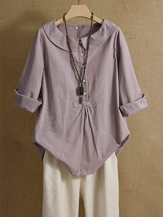 Casual Tops Long Sleeve Collared Blouse With Button - Image 5