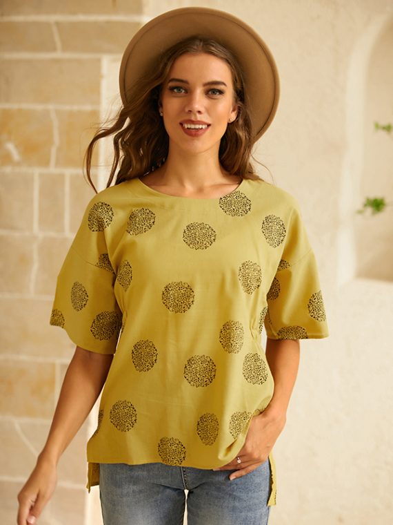 Crew Neck Polka Dot Print Casual Half Sleeve Shirts & Tops - Image 7