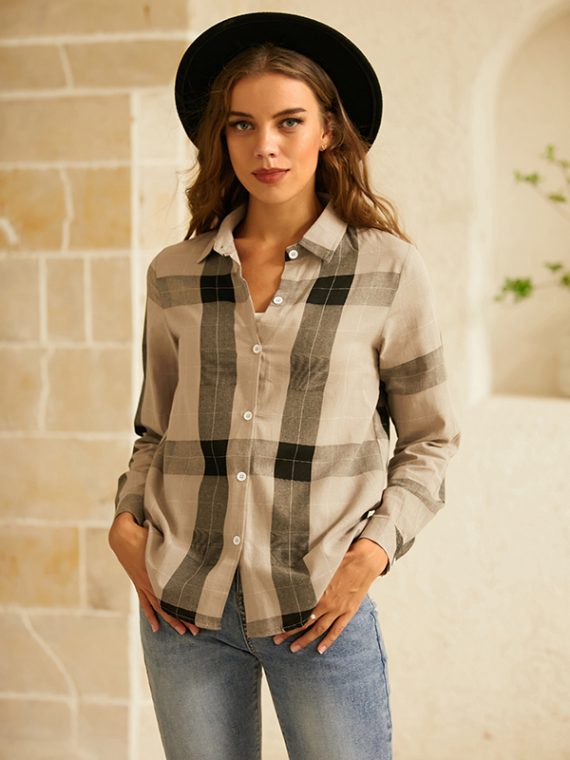 Beige Collared Plaid Buttons Casual Long Sleeve Shirts & Tops - Image 3