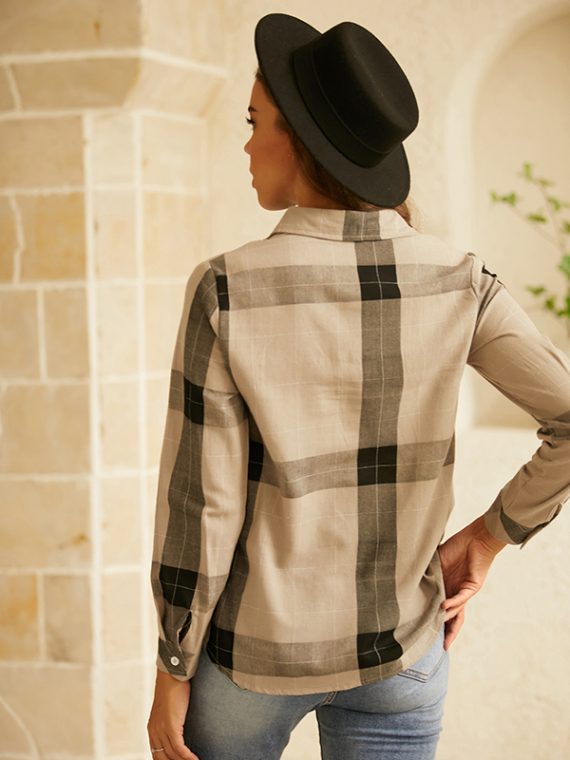 Beige Collared Plaid Buttons Casual Long Sleeve Shirts & Tops - Image 4
