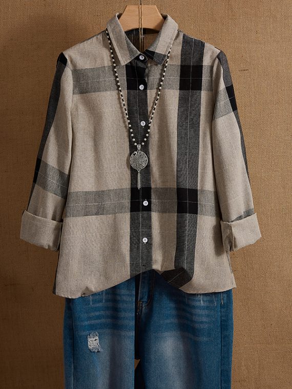 Beige Collared Plaid Buttons Casual Long Sleeve Shirts & Tops