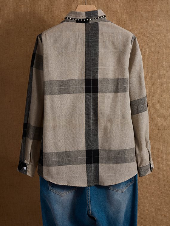 Beige Collared Plaid Buttons Casual Long Sleeve Shirts & Tops - Image 2