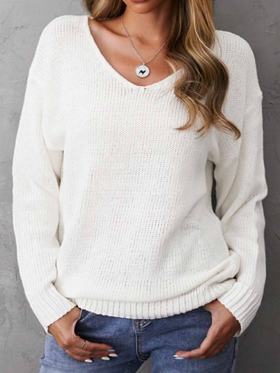 Chemical Fiber Wool Solid Color Casual Daily V-neck Long Sleeve Sweater - Image 5