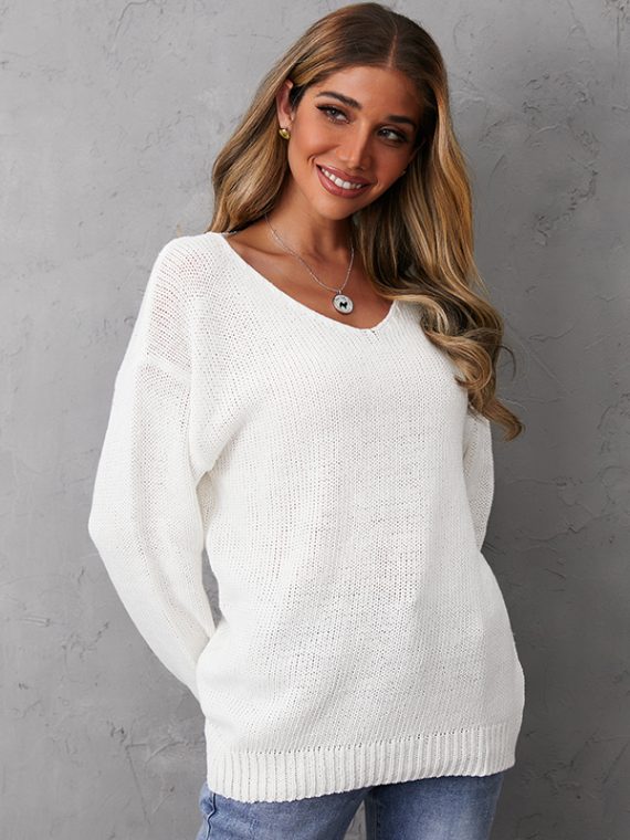Chemical Fiber Wool Solid Color Casual Daily V-neck Long Sleeve Sweater - Image 3