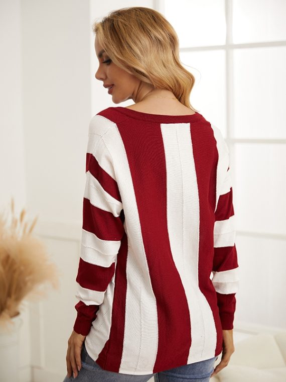 Casual Tops Long Sleeve Soft V-neck Stripe Splicing Sweater - Image 10