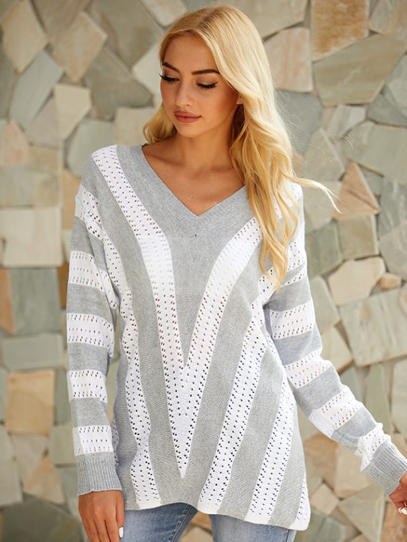 Casual Tops Long Sleeve Soft V-neck Stripe Splicing Sweater - Image 6