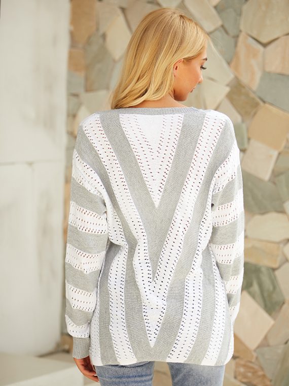 Casual Tops Long Sleeve Soft V-neck Stripe Splicing Sweater - Image 7
