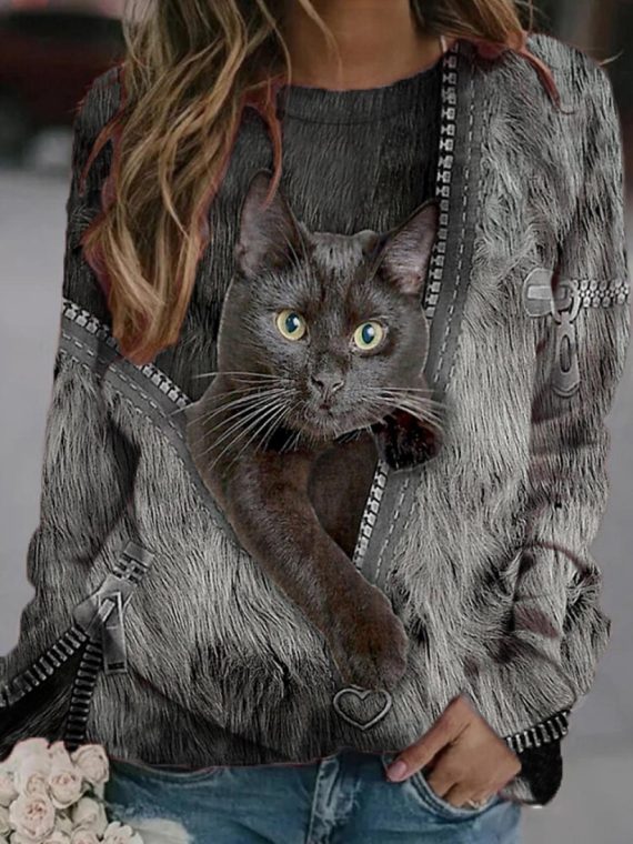 Black Cat Print Casual Round Neck Long Sleeve Sweatshirt
