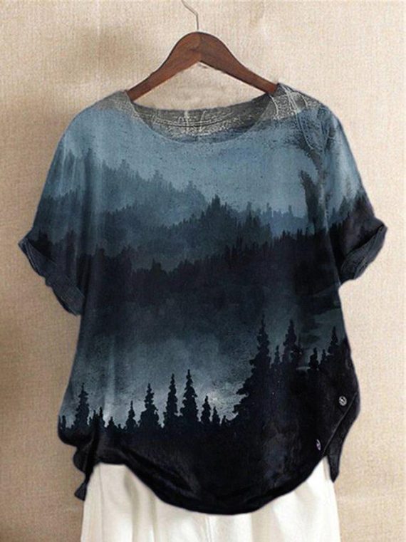 Blue Landscape Print Casual Round Neck Short Sleeve Blouse
