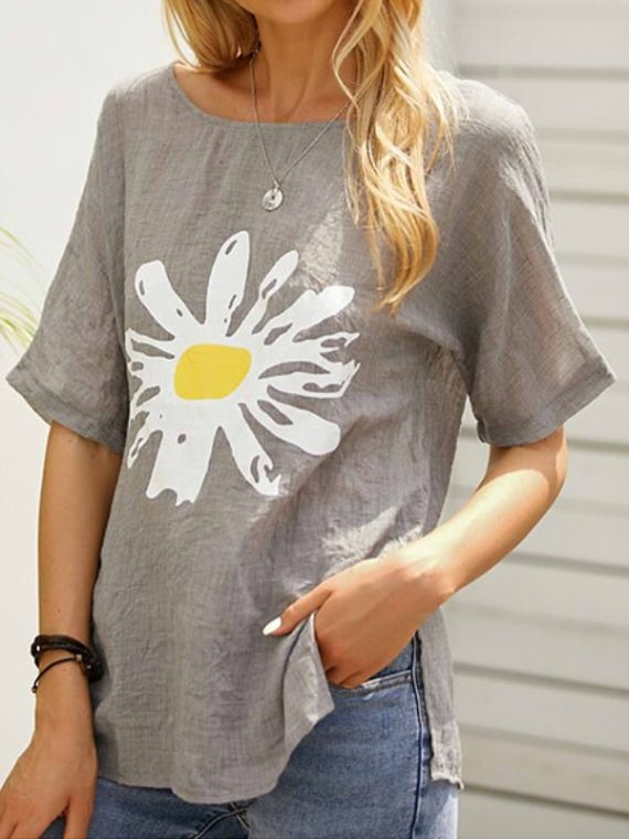 Casual Tops Short Sleeve Round Neck Vintage Floral Printed Blouse
