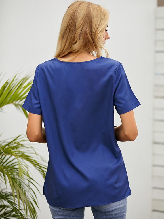 Deep Blue Animal Print Casual Vintage Round Neck Short Sleeve T-shirt - Image 2
