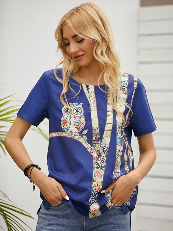 Deep Blue Animal Print Casual Vintage Round Neck Short Sleeve T-shirt - Image 3